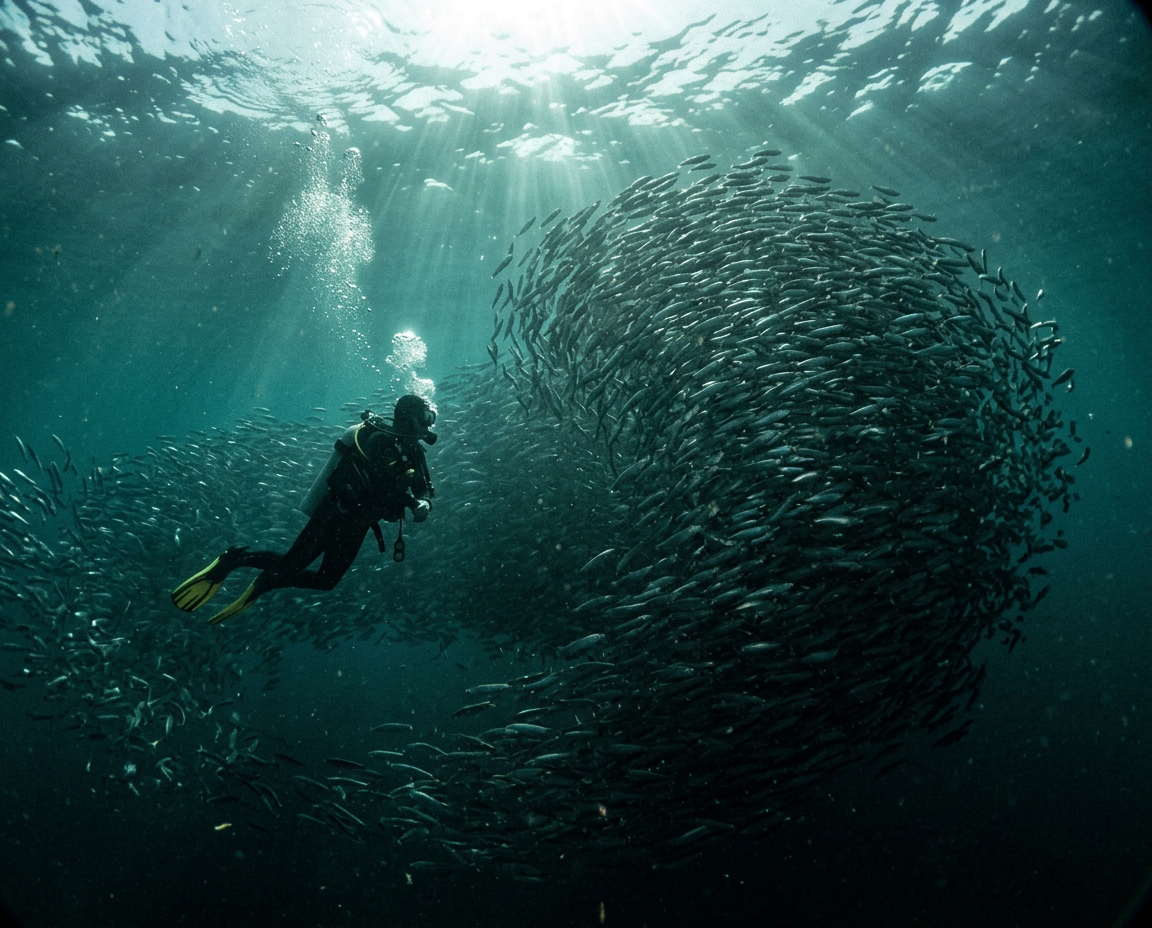 Underwater photographer inside a sardine baitball, Port St Johns sardine run