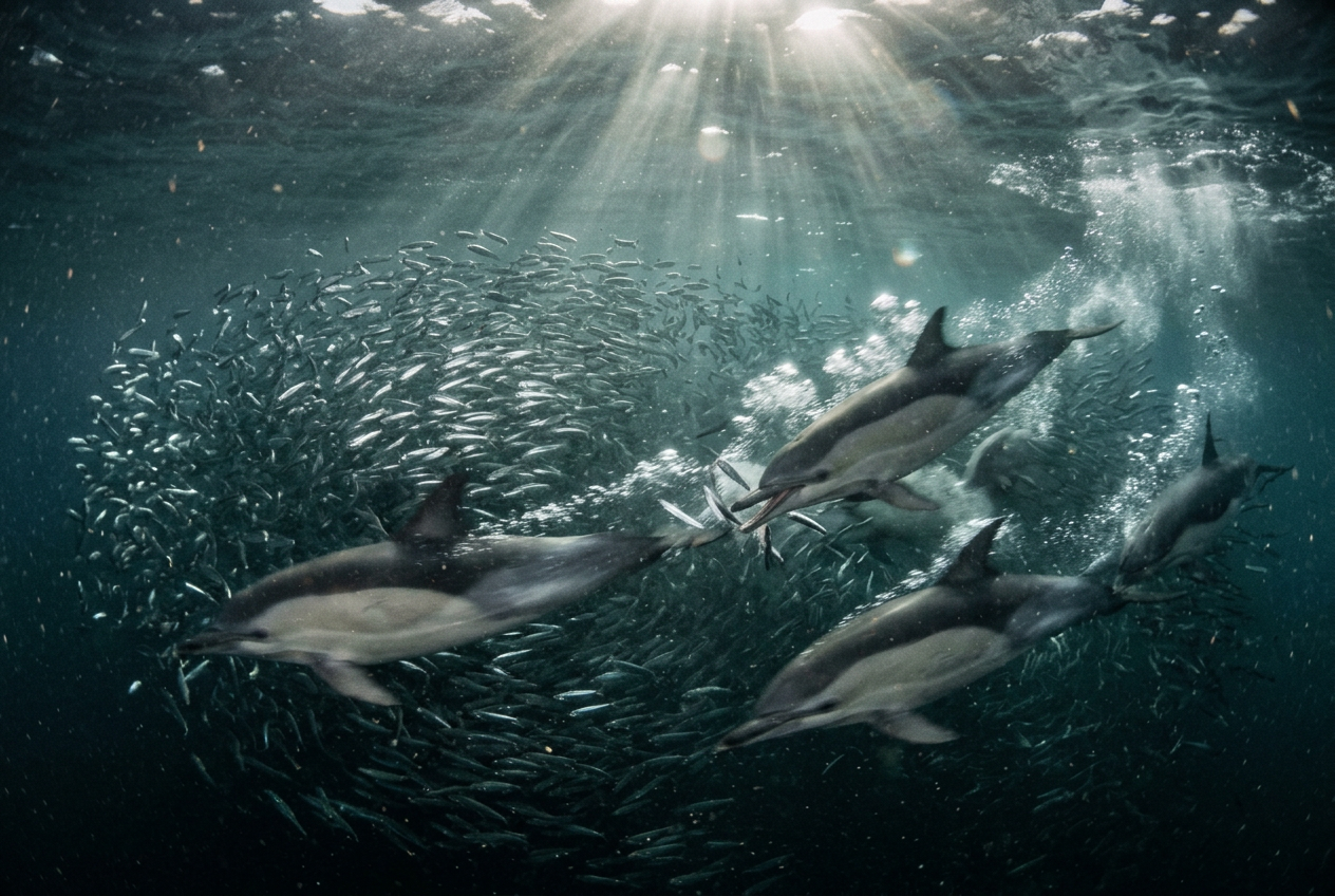 Dolphins hunting in formation