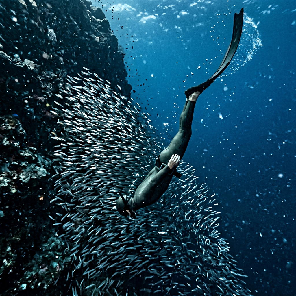 Freediver descending alongside a sardine baitball on the Wild Coast sardine run