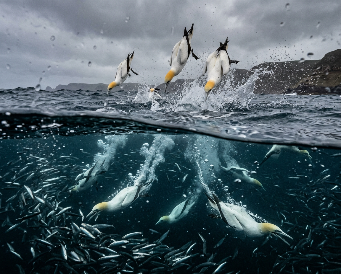 Cape gannets diving into a sardine baitball at full speed off the Wild Coast