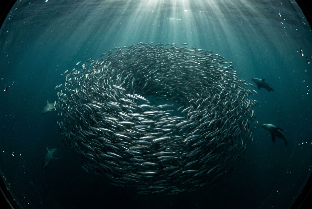Sardine baitball encircled by dolphins and sharks, Port St Johns Wild Coast sardine run