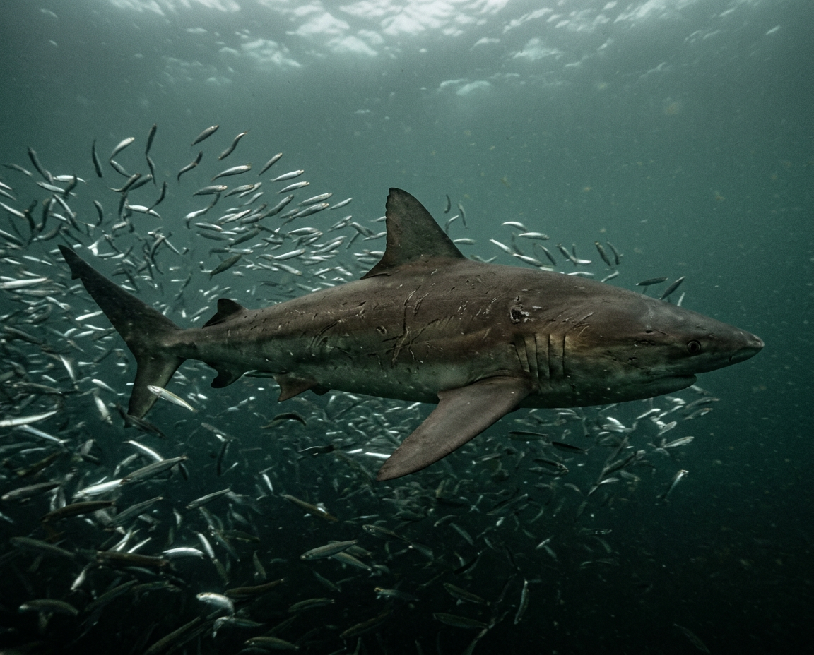 Bronze whaler shark hunting at the edge of a sardine baitball, Port St Johns